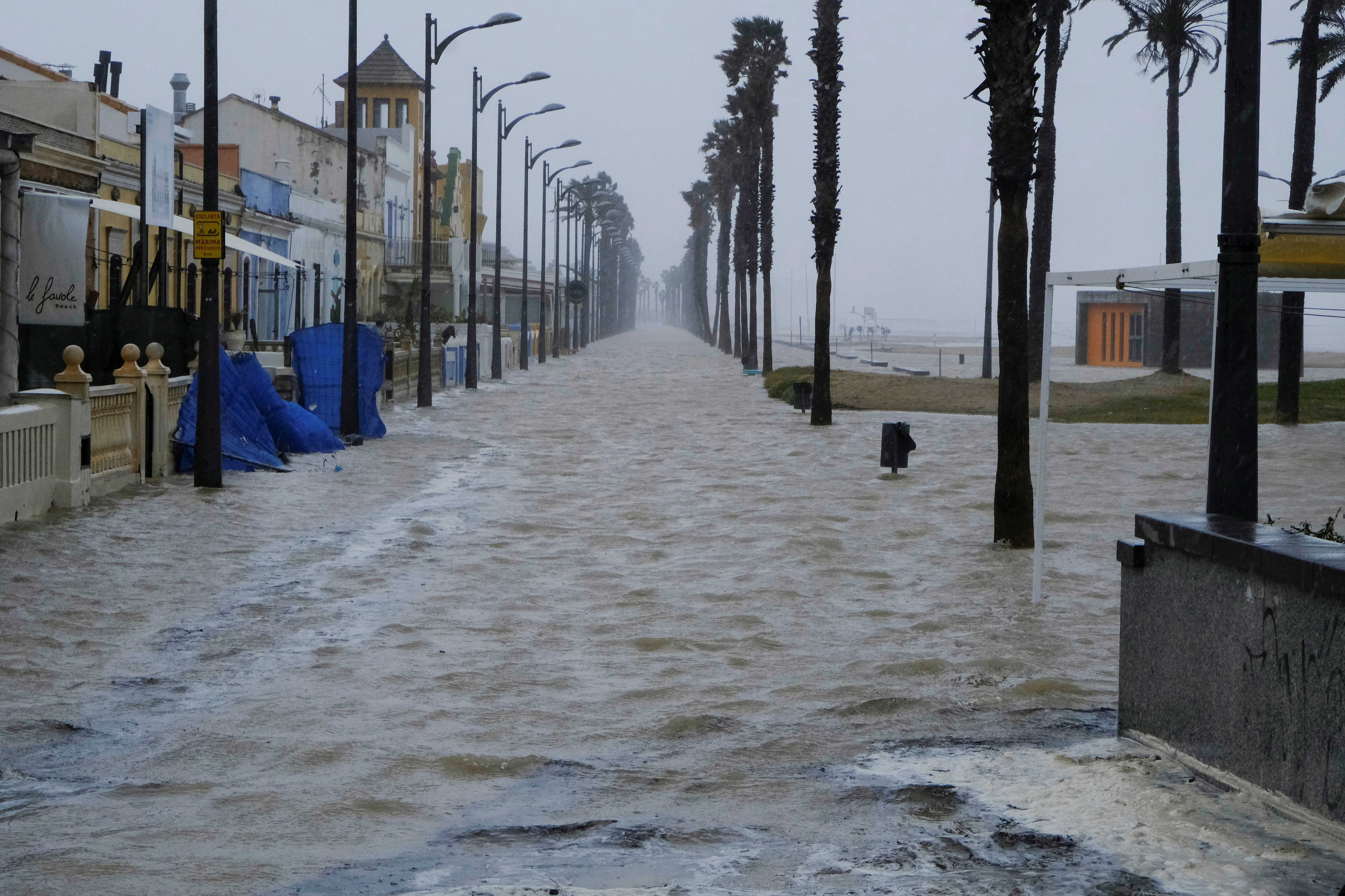 A flooded promenade next to the Patacona beach in Alboraya near Valencia