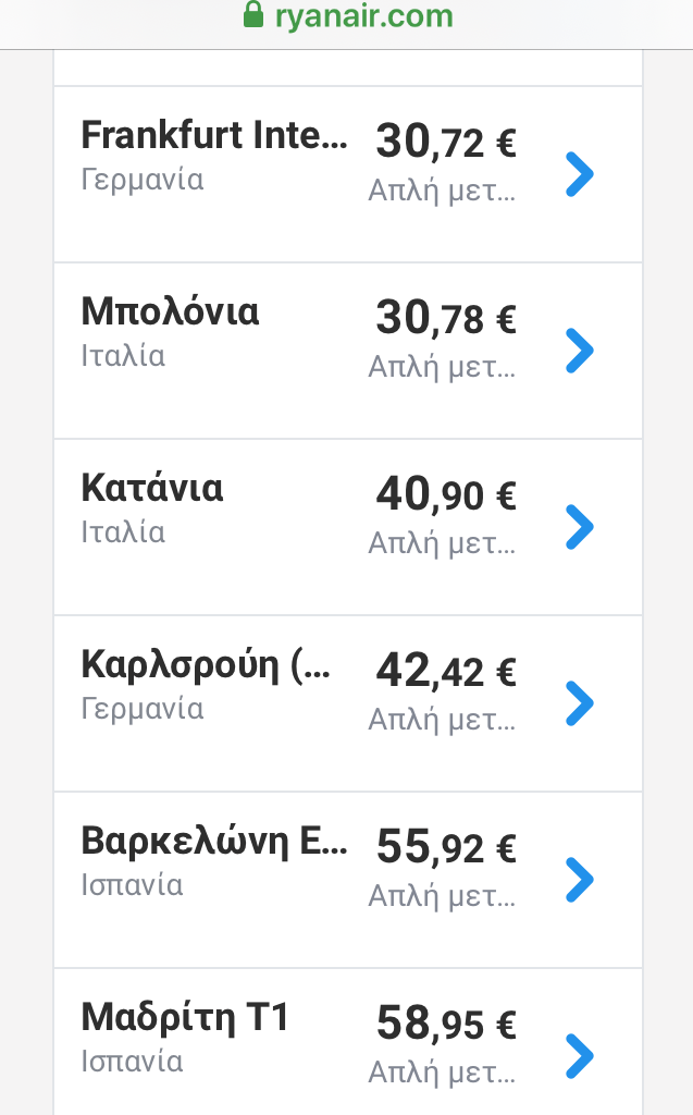 Ryanair προσφορές πίνακες